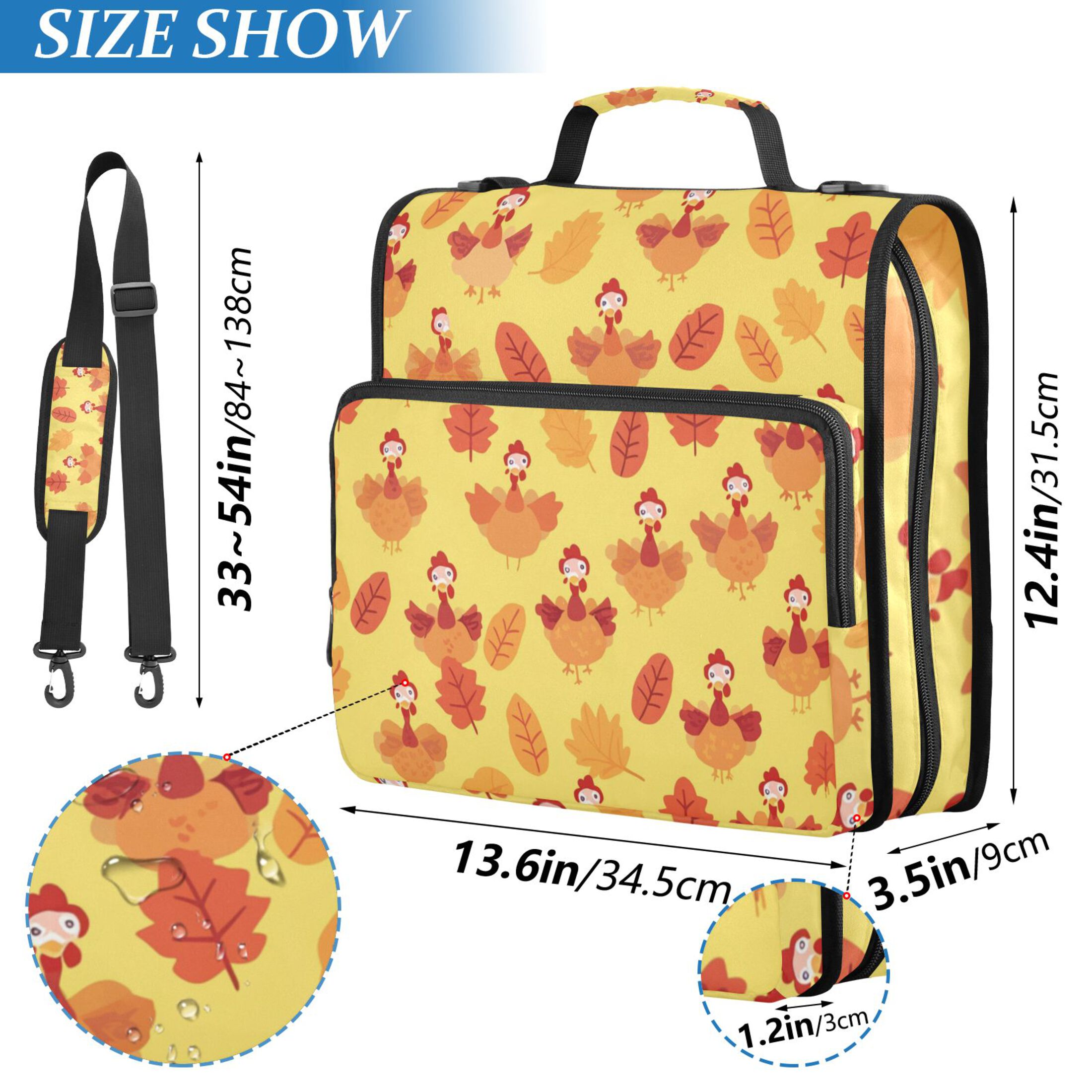 3 Ring Zipper Binder with Shoulder Strap Waterproof Trapper Keeper 2 Inch D-Ring 500 Sheets Capacity Cartoon Turkeys and Leaf