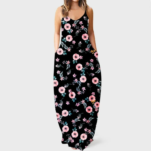 Lenago Robes Maxi Grande Taille pour Femmes 2023 Mode pour Femmes à Bretelles Taille Mi-Haute Col en V Sans Manches à Rayures Imprimé Floral Ajusté Robe Longue de Plage Été Robes de Plage en Liquidation