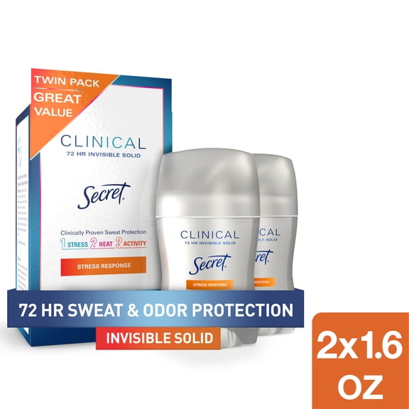 Secret Clinical 100HR Antiperspirant Deodorant, Invisible Solid, Stress Response, 1.6 oz (2 Pack)