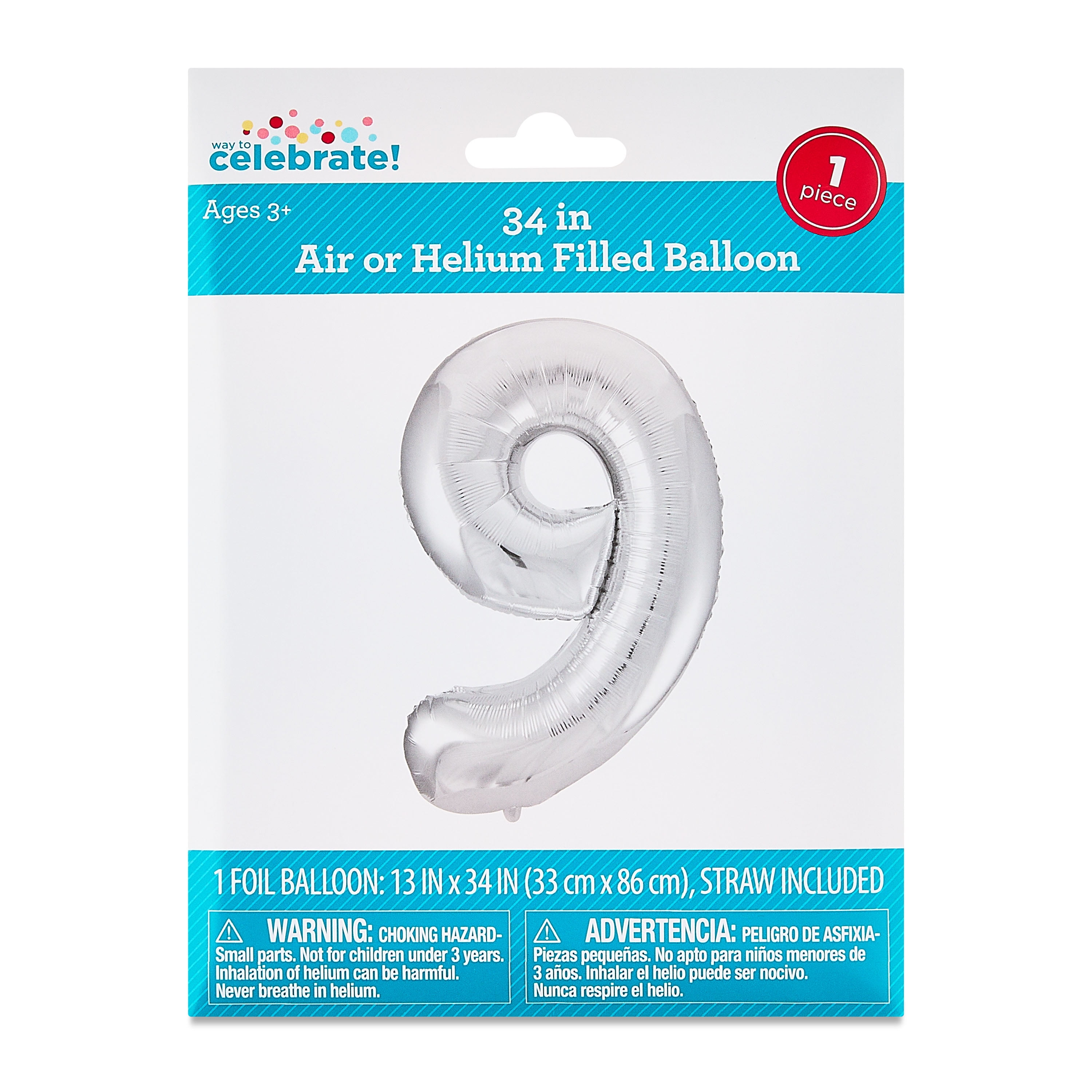 34" Silver Number 9 Foil Balloon, by Way To Celebrate