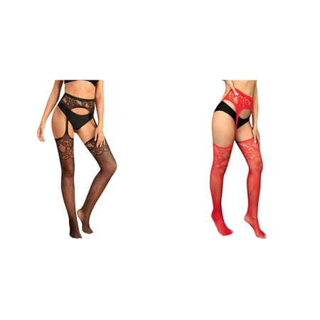 Lojoutye 2 Pack(Red 1PCS & Black 1PCS) Multipack Submissive Women Garter Belt Stocking Thigh High Tights Suspender Pantyhose Lace Lingerie