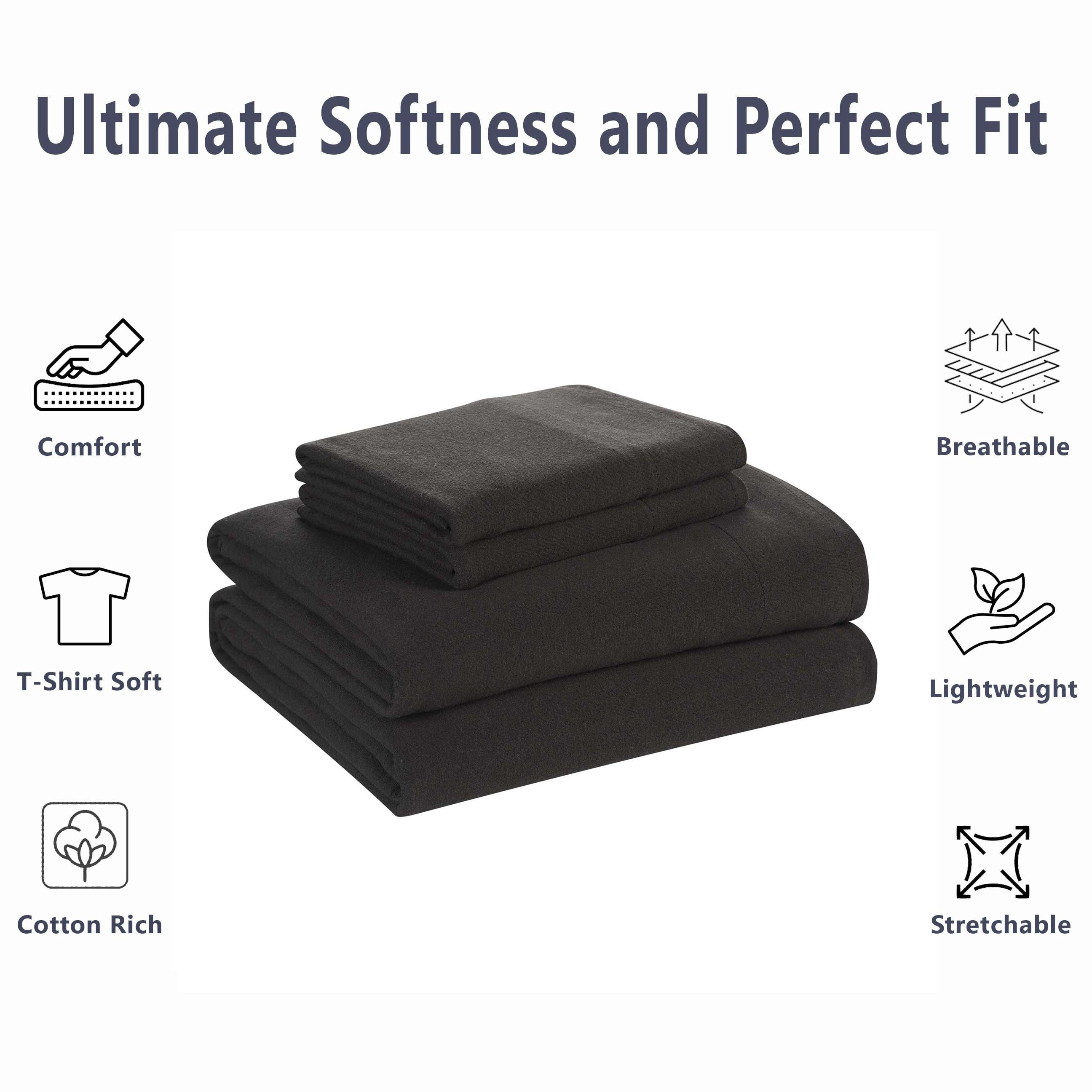 Mainstays Cotton Rich Extra Soft Jersey Bed Sheet Set, Full, Rich Black, 4 Pieces