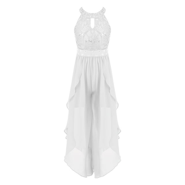 TiaoBug Combinaison-Robe à Volants pour Filles, Paillettes, Dentelle, Mariage, Fête, Dos Nu, Robe de Demoiselle d'Honneur Enfant, Tenue de Danse Scintillante, Blanc 14