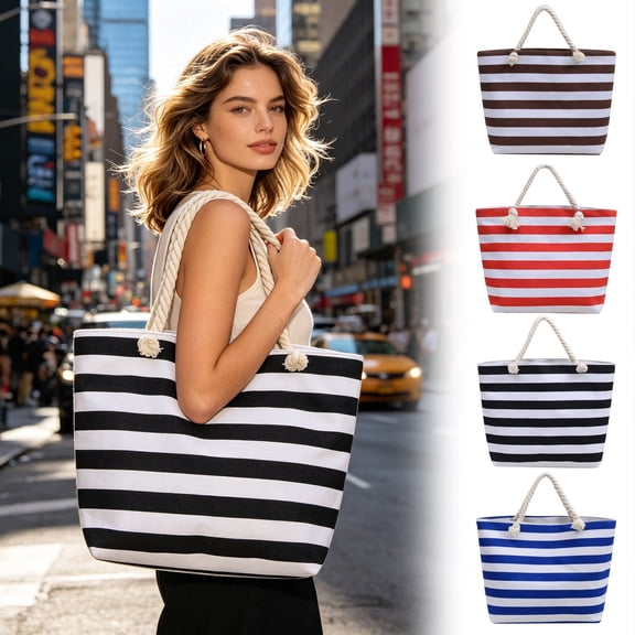 Hvmvliv Women Striped Canvas Beach Bag,Large Capacity Casual Tote Handbag and Shoulder Bag,Reusable Beach Purse for Beach,Travel,Shopping,Size 13.8X13in Black