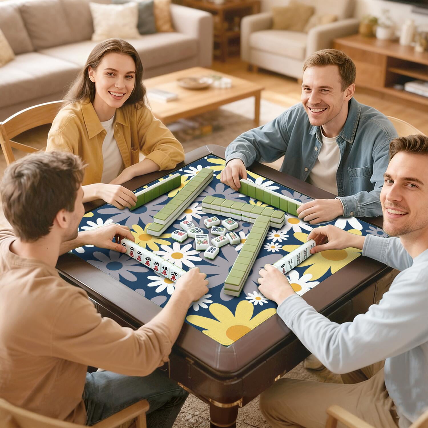 Floral Mahjong Game Table Mat 31.5 Inch Square Features a Rubber Non-Slip Bottom to Prevent Movement During Intense Tile Games
