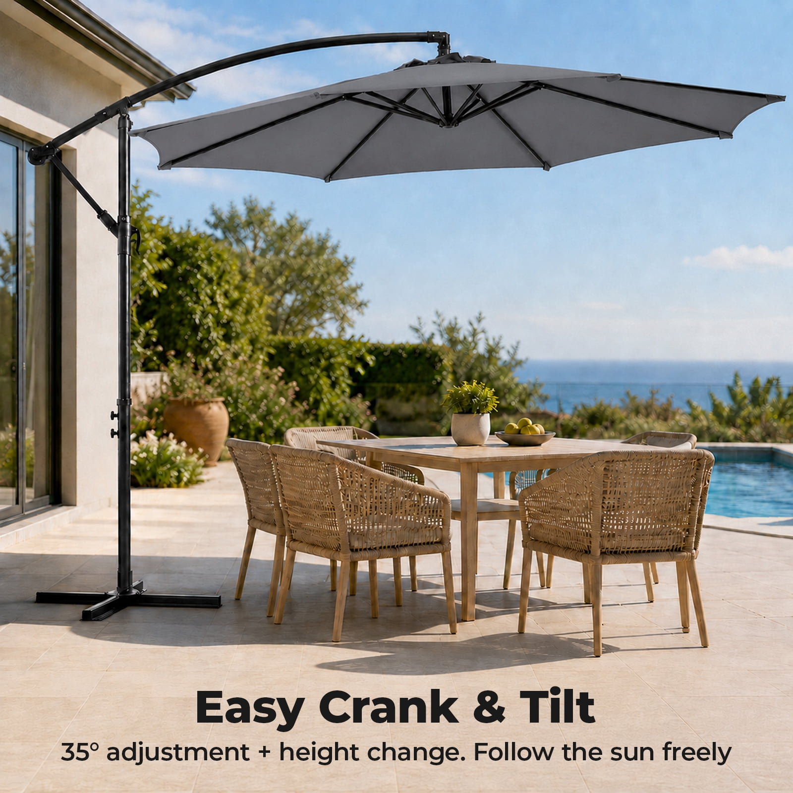 Alvantor 9.8FT Offset Cantilever Patio Umbrella with Crank & 8 Ribs, Easy Tilt Adjustment, UPF 50+ UV Protection for Backyard Patio Lawn