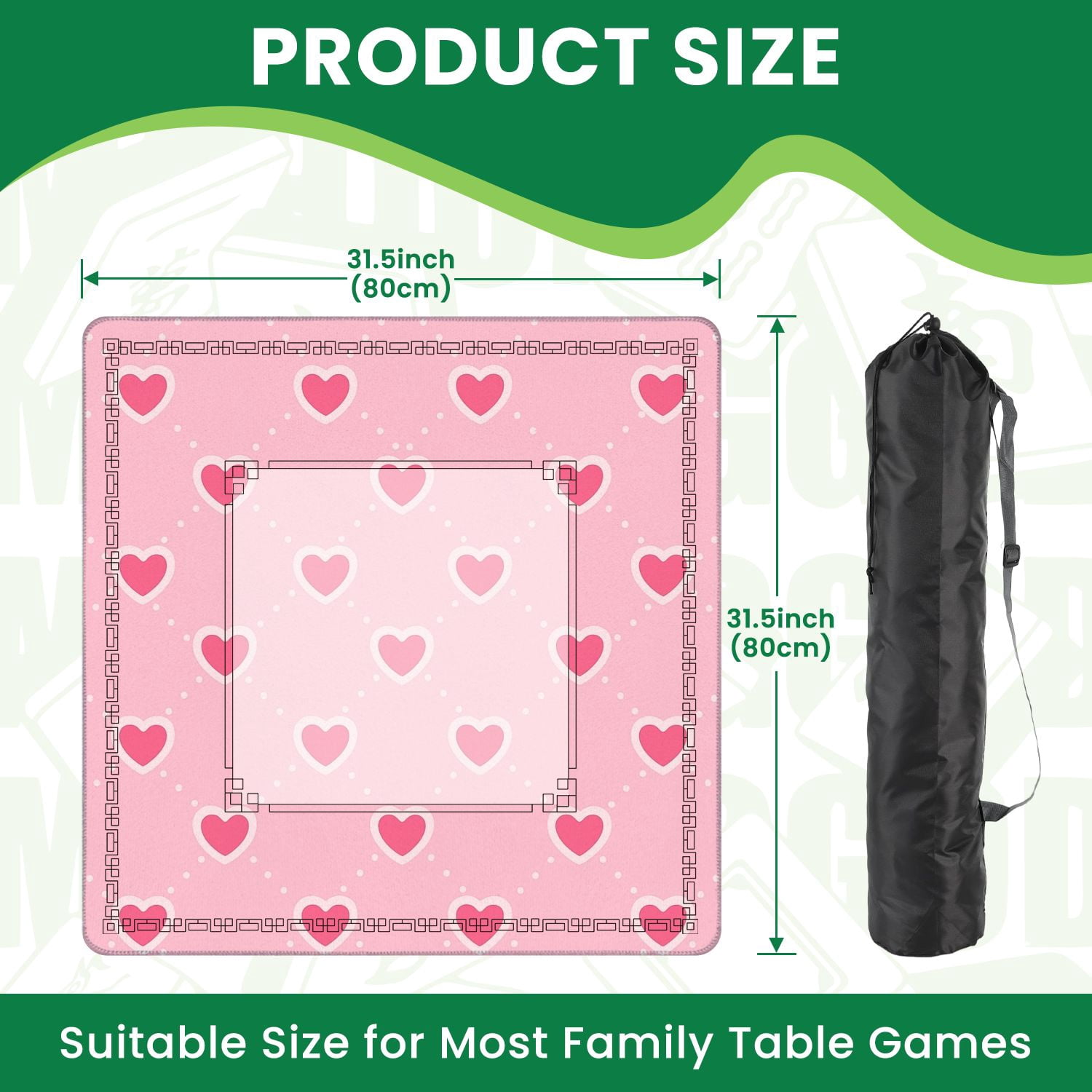 Mahjong Mat 31.5" x 31.5" Pink Heart Dotted Lines Light Pink Non-Slip Noise Reduction American Mahjong Tiles Table Cover for Dominoes Poker Card Board Games Gift