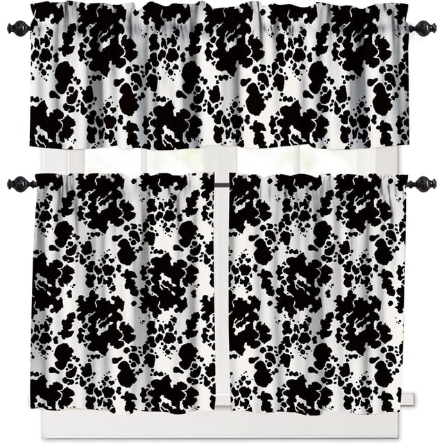 Western Black Cowhide Print Window Valance,Retro Home Bedroom Living Room Animal Cowhide Pattern Valance 3 Sets