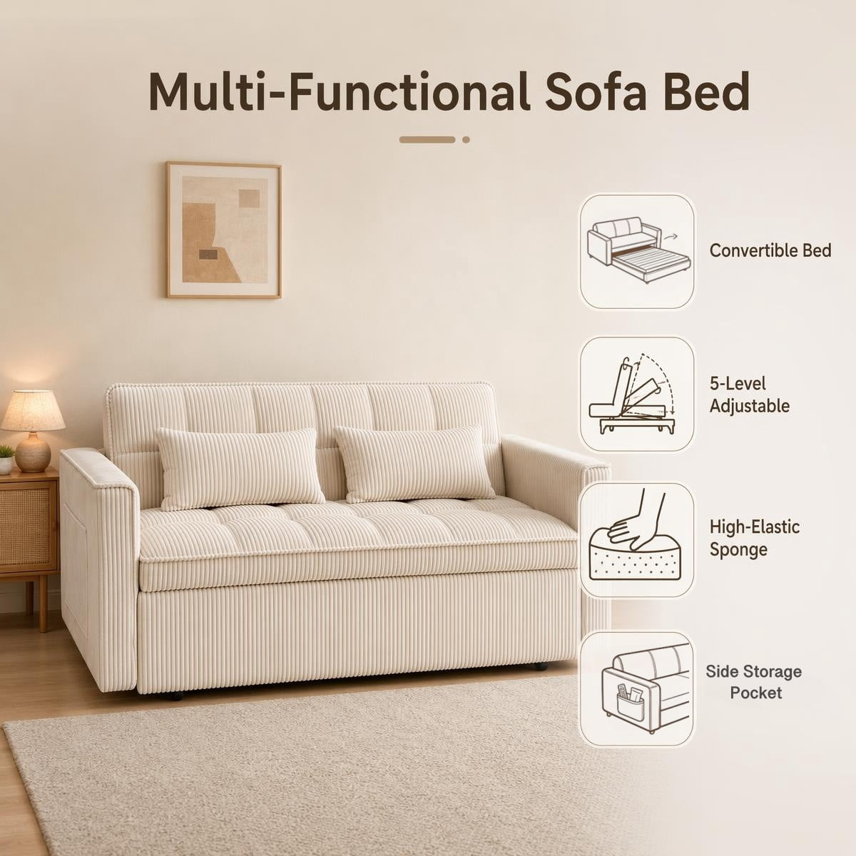 Scolyk 54" 3 in 1 Convertible Sleeper Sofa Bed, Corduroy Loveseat Couch Bed Sofa Pull Out with 5-Position Adjustable Backrest, Storage Pockets, Lumbar Pillows for Living Room, Beige