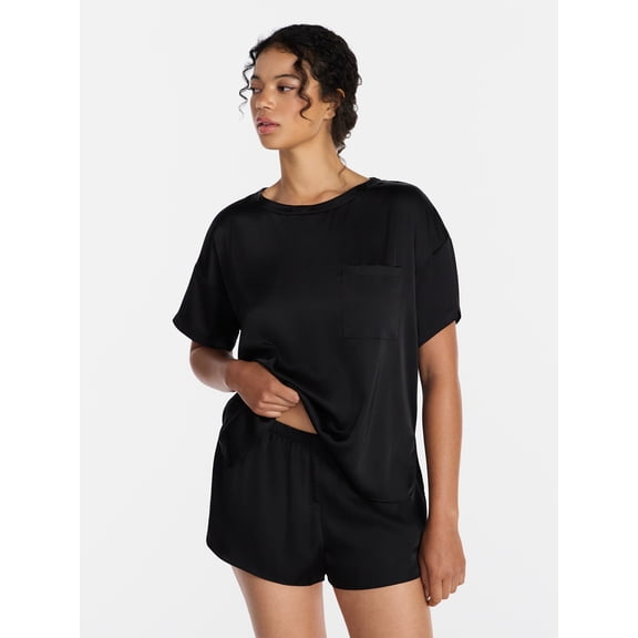 Joyspun Women’s Short Sleeve Stretch Satin Top and Shorts Pajama Set, 2-Piece, Sizes XS-3X