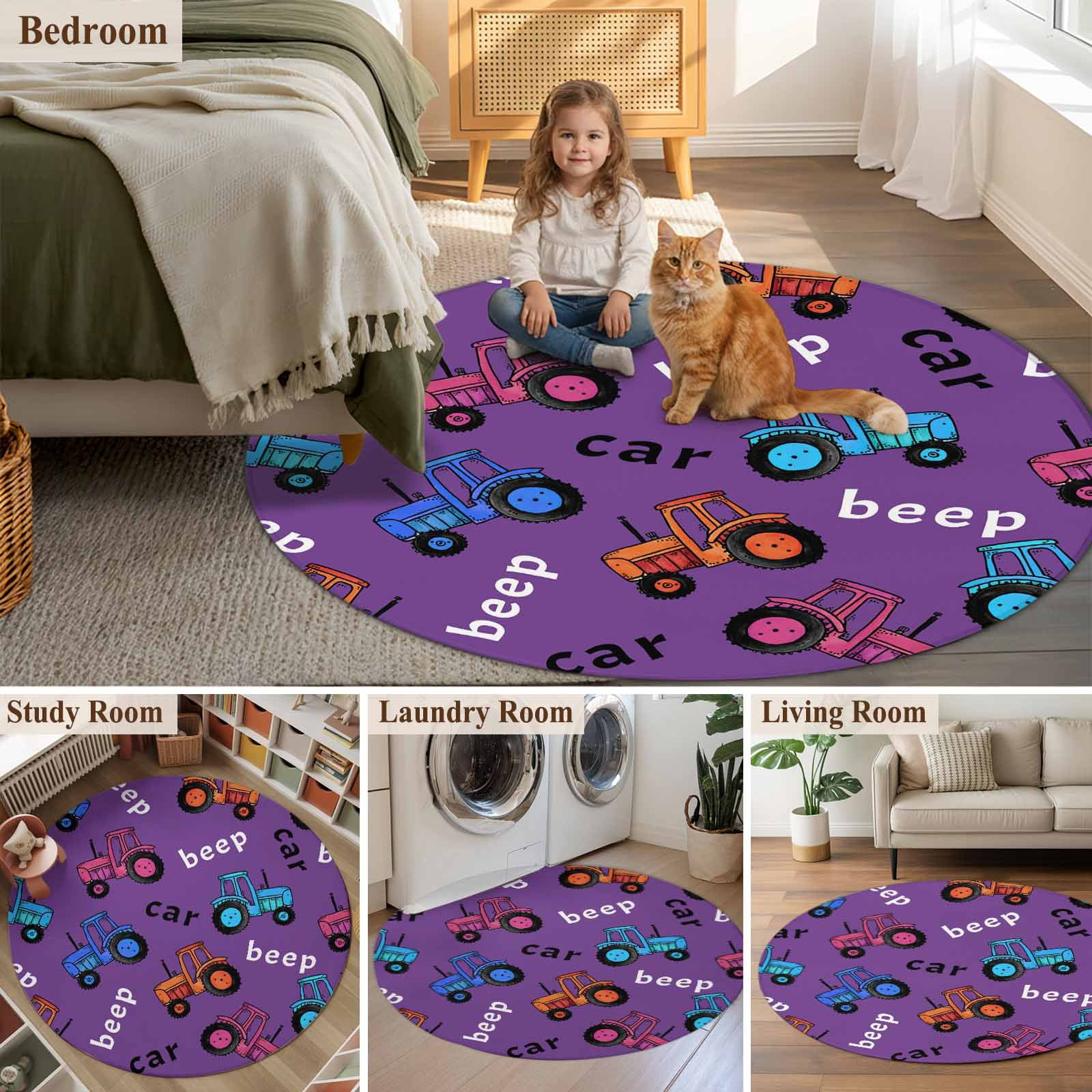 Cartoon Tractor Round Area Rug 7Ft Washable Circle Rugs for Dorm Laundry Room, Cute Beep Car Digger Shovel Truck Purple Non-Slip Carpet Floor Mats Indoor Outdoor Carpet Runner Aesthetic Home Decor