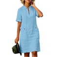 thumbnail image 2 of Guieoi Summer Dresses for Women V-Neck Short-Sleeve Cotton-Linen Casual Straight-Cut Solid-Color Dress with Pockets Blue S, 2 of 7