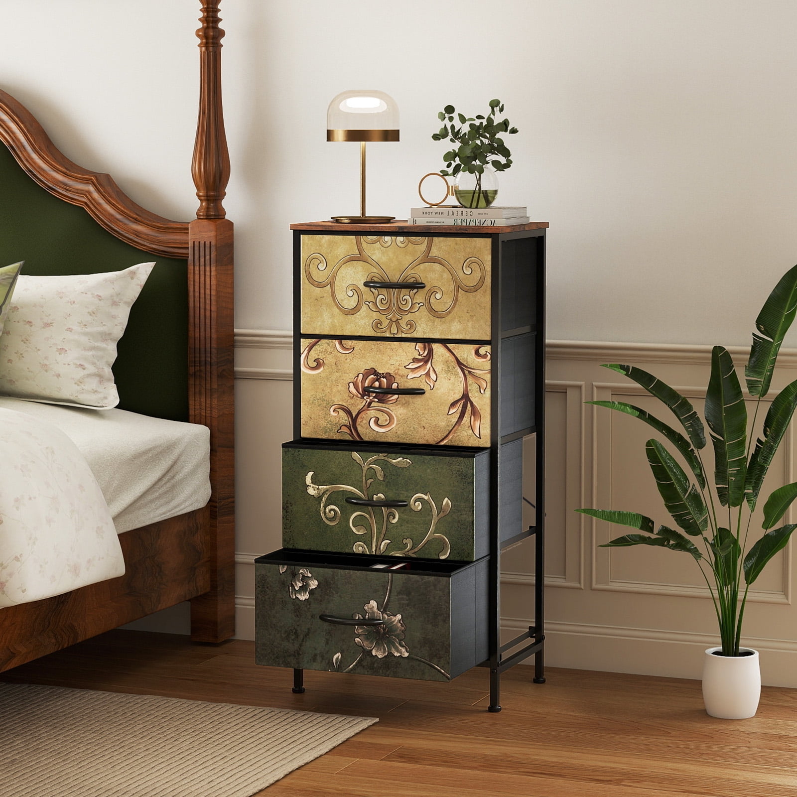 edx Fabric Dresser with 4 Drawers, Retro Flower Design, Chest of