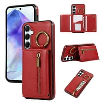 ELEHOLD Case for Samsung Galaxy A24 4G, Zipper Leather Wallet Crossbody Case with Detachable Ring Kickstand & Card SlotsRed
