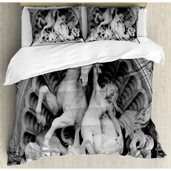 Retro Duvet Cover Set, Struggling Nymph Octopus Seashell Horse in Lunettert Bologna, Decorative 3 Piece Bedding Set with 2 Pillow Shams, King Size, Grey, by Ambesonne
