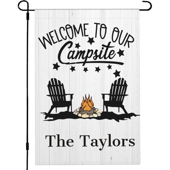 Welcome to Our Campsite Burlap Signs Personalized Camping Flags 12x18 Double Sided Custom RV Camper Outside Decor Grey Wood Welcome-001