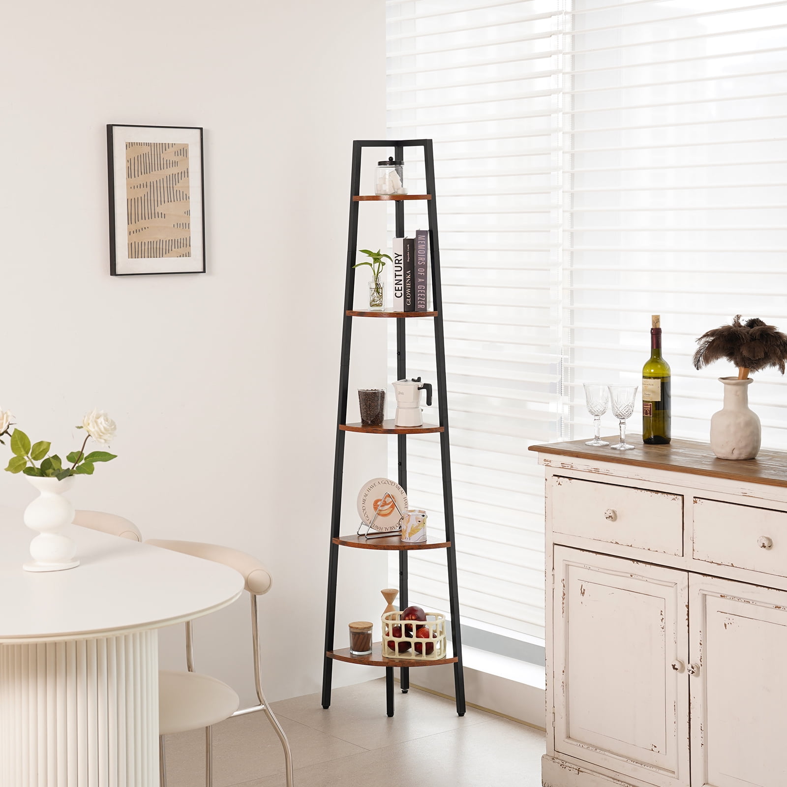 Yoobure 5 Tier Ladder Corner Bookcases, Wood Brown