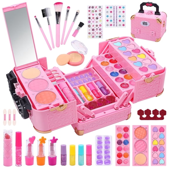 JoyStone 62Pcs Kids Washable Makeup Kit Make Up Set, Pretend Vanity Set with Makeup Case Birthday Toys for Girls 3-12 Year Old Kids