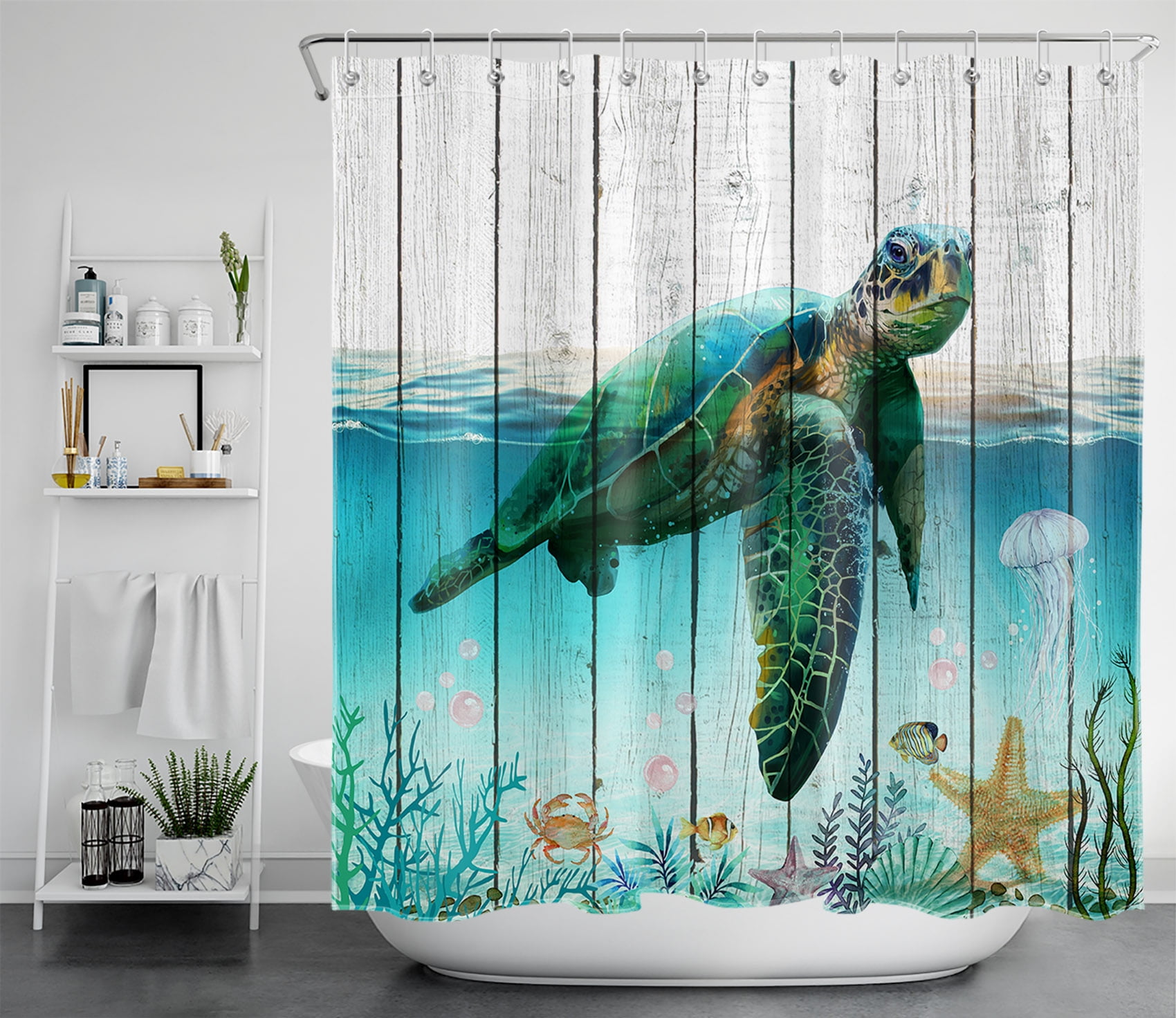 Watercolor Sea Turtle Starfish Wood Plank Waterproof Fabric Shower Curtain Set 