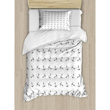 Anchor Twin Size Duvet Cover Set, Vintage Monochrome Anchor Silhouettes with Hearts Nautical Tattoo Arrangement, Decorative 2 Piece Bedding Set with 1 Pillow Sham, Black and White, by Ambesonne