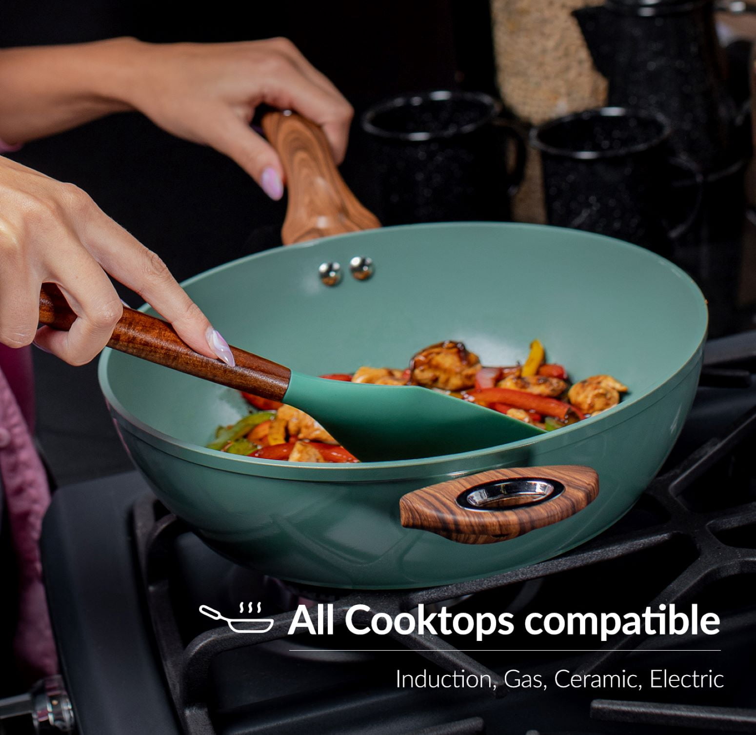Phantom Chef 11 inch Deep Fry Pan With Lid - Wood Handle and Aluminum Body - Green