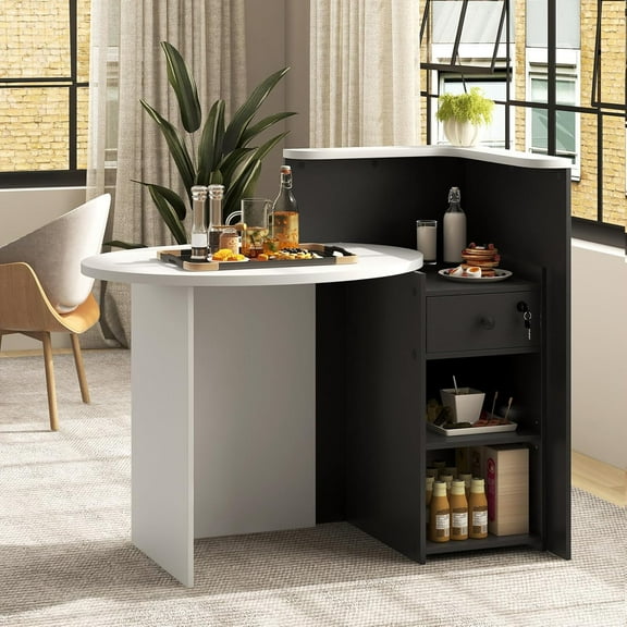 Reception Desk, Small Retail Checkout Counter with Lockable Drawer and Open Shelves, Wooden Front Desk Reception Counter, Oval Desktop & L Counter for Store Office Lobby Salon (Black)