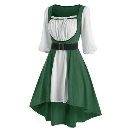 

Juebong Halloween Gothic Women Cute Square Neck Lantern Sleeve Retro Dress Color Block Vintage Long Sleeve A-line Stitching Evening Party Dress Skirt