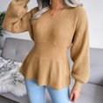 thumbnail image 4 of Women Autumn Winter Knitted Sweater, Lantern Sleeve Tight Waist Sweater Hem Ruffle  For Home ANGGREK Caqui M, 4 of 7