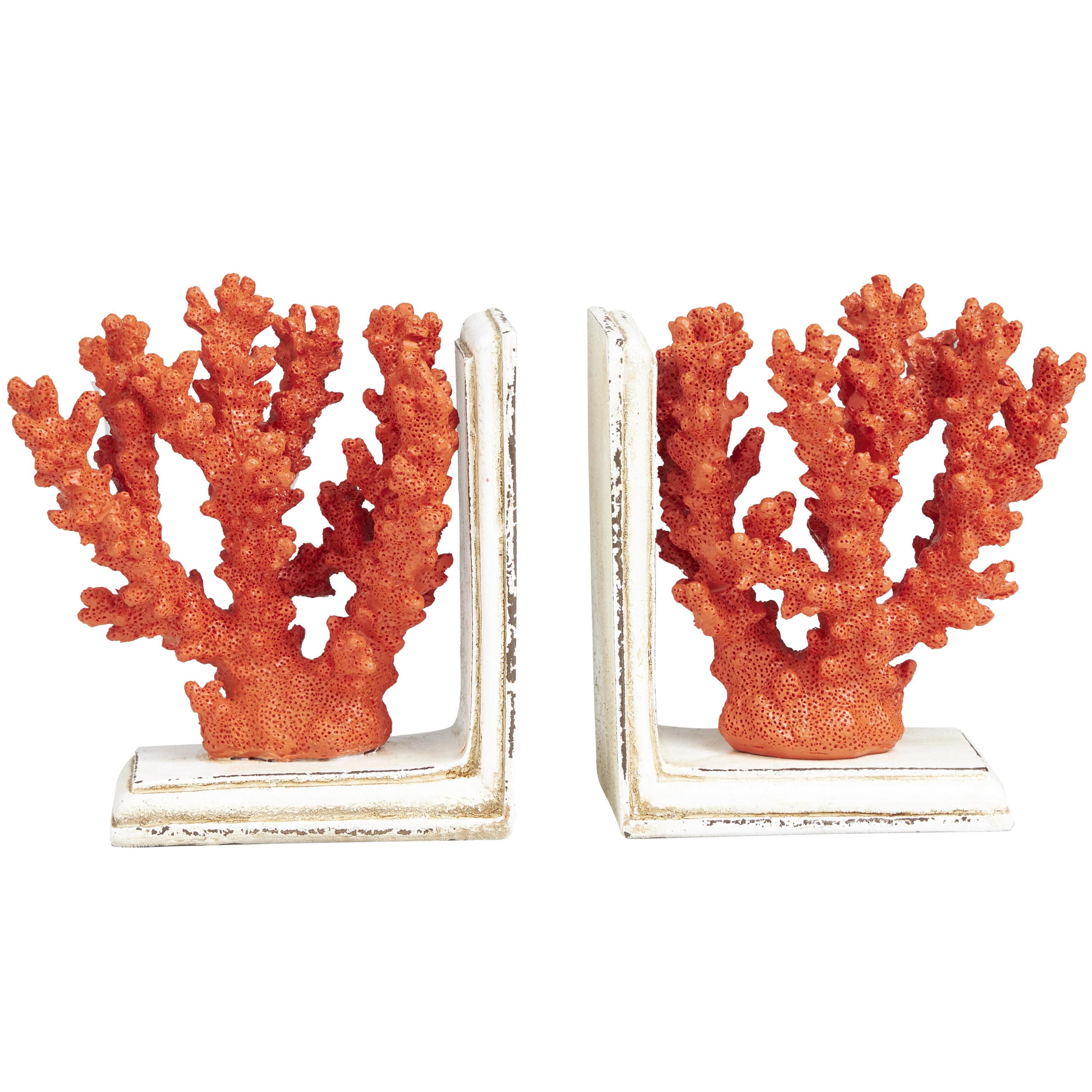 DecMode 6" Textured Coral Orange Polystone Bookends with Cream Base (Set of 2)