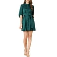 thumbnail image 2 of INSPIRE CHIC Women's Half Sleeve Solid Pleated Waist Belted Button Down Shirt Dress S Dark Green, 2 of 7