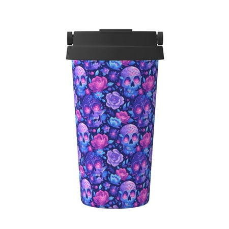 

Gaeub blue Skull purple flower1 Print Travel Mug Insulated Coffee Mug with Leakproof Lid Travel Coffee Mug Vacuum Stainless Steel Double Walled Reusable Coffee Cup