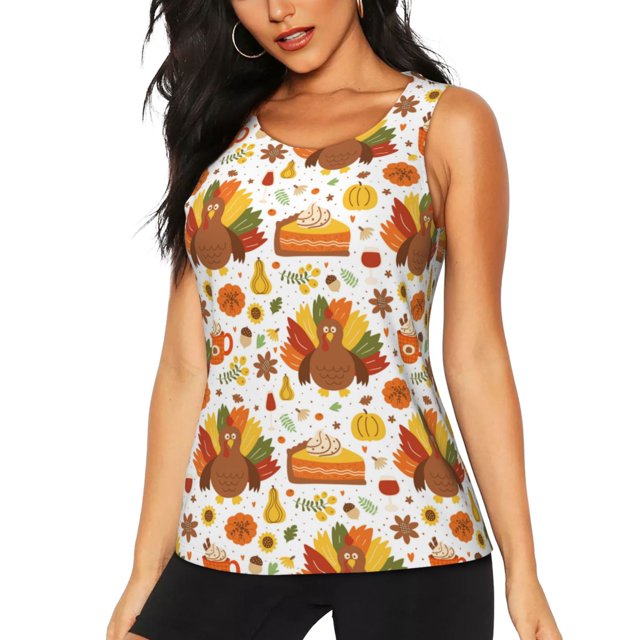 Fotbe Thanksgiving With Turkey Blusas Sin Mangas para Mujer – Estilo Casual, Corte Suelto, Slim-Fit, Cuello Redondo Deportivo, Tops de Verano para Gimnasio y Yoga-X-Large