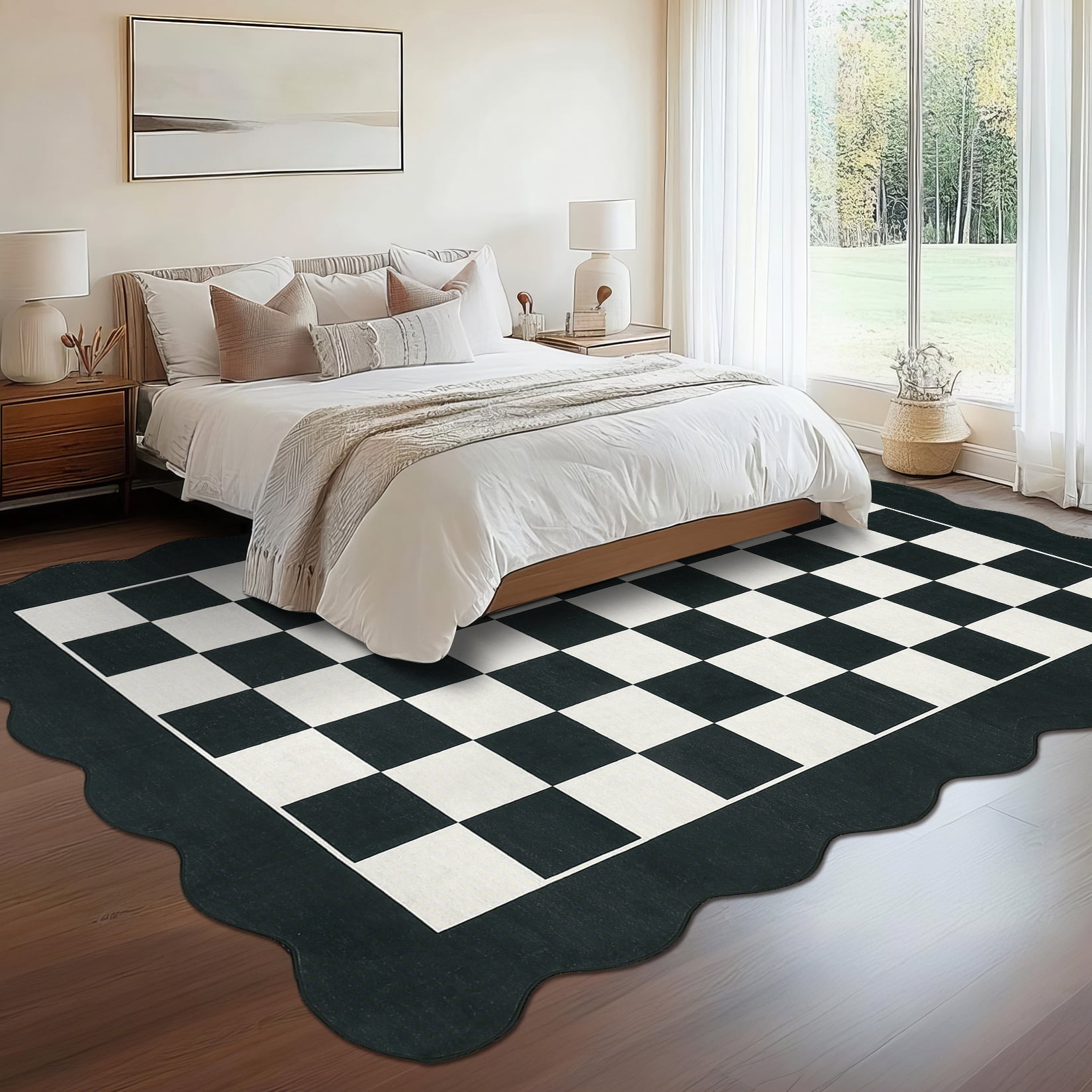 Garvee 9'x12' Scalloped Area Rugs Modern Checkered Carpet, Washable Non-Slip Rug Contemporary Floor Mats for Living Room Bedroom Dining Room, Black White