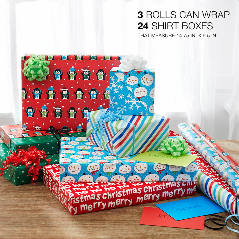 Hallmark Reversible Christmas Wrapping Paper (3 Rolls: 120 sq. ft. ttl)  Merry Holidays, Snowflakes, Snowmen, Red Stripes