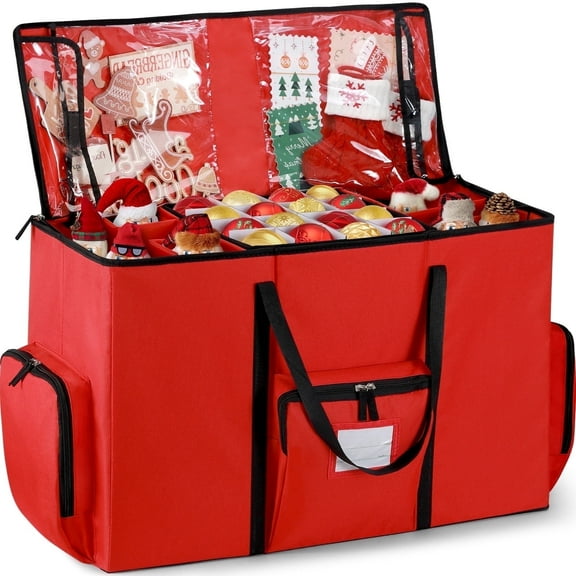 Ayieyill Premium Christmas Ornament Storage Container with Dividers, Fits Up to 73 Ornaments, 600D Tear Red