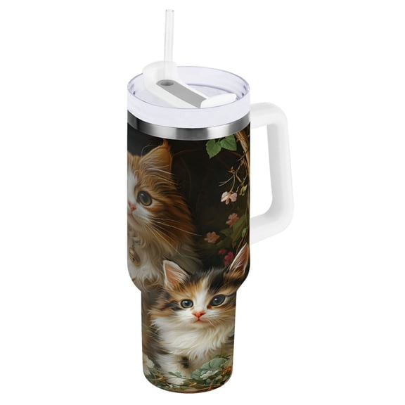 Ryvnso 40 oz Tumbler with Handle and Straw Insulated Stainless Steel Travel Mug with Lid Cute Cats in Garden