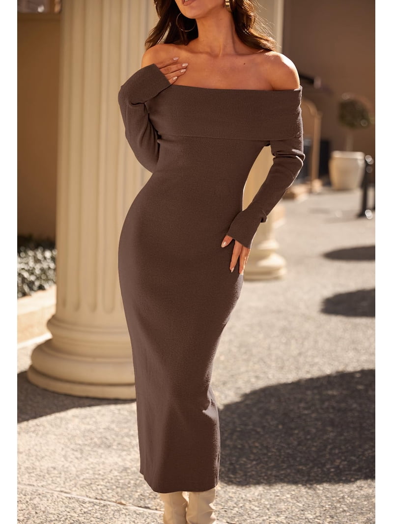 MEROKEETY Womens Fall Winter Dresses for Women Off Shoulder Formal Long Sleeve Bodycon Midi Sweater Dress, Coffee M
