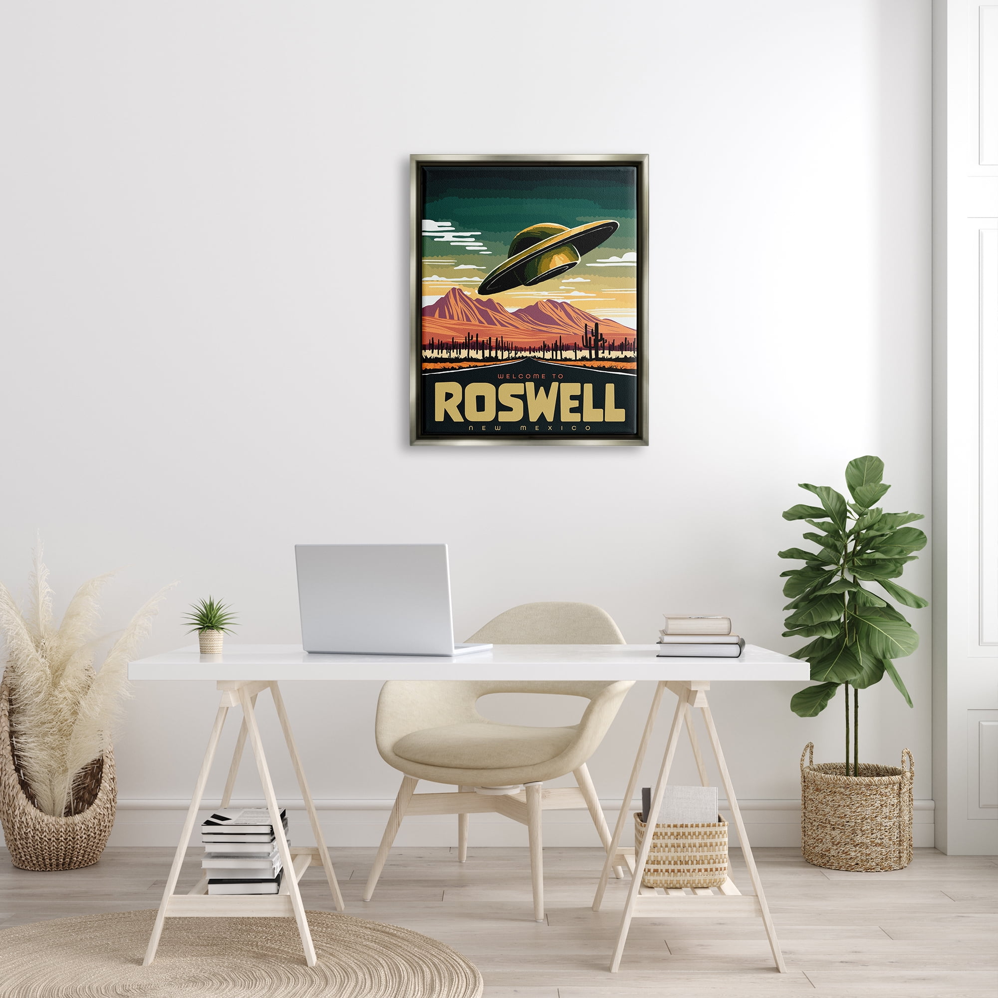 Stupell Industries Welcome Roswell New Mexico UFO Travel & Places Painting Gray Floater Framed Art Print Wall Art