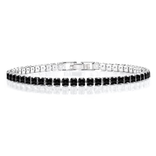 JeenMata Pulsera de tenis con circonita cúbica negra de corte princesa de 5,5 TCW para mujer, diseño de eternidad, chapado en oro blanco, regalo de cumpleaños, aniversario, día de San Valentín