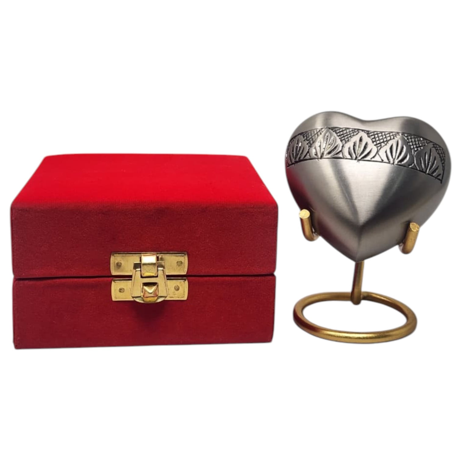 SMIURNS Hand-Engraved Silver Pewter Heart-Shaped Keepsake Cremation Urn for Human or Pet Ashes - Decorative Small Token Urn  with Leaf Motif - Display Stand and Velvet Gift Box