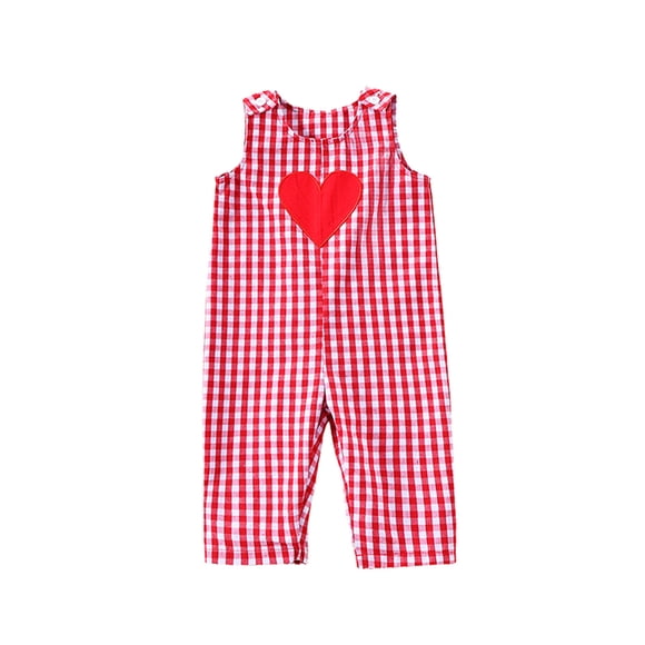 Gupgi Toddler Girls Plaid Print Rompers Red Heart Ovrealls Sleeveless Baby Jumpsuits