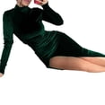 thumbnail image 3 of Women Long Sleeve Side Ruched Maxi Dress Mock Neck Velvet Bodycon Party Club Thigh Split Long Dress Dark Green S, 3 of 7