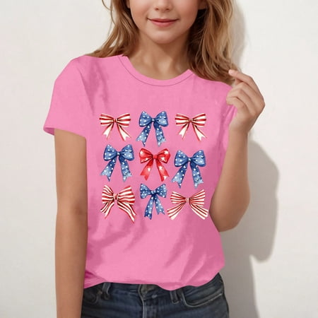 BLTIBY 2025 Girls Boys Short Sleeve Top Child Kids Summer Independence Day Printed Round Neck Shirts Toddler Infant Fashion Casual Loose Pullover Blouse Pink 3-4Years