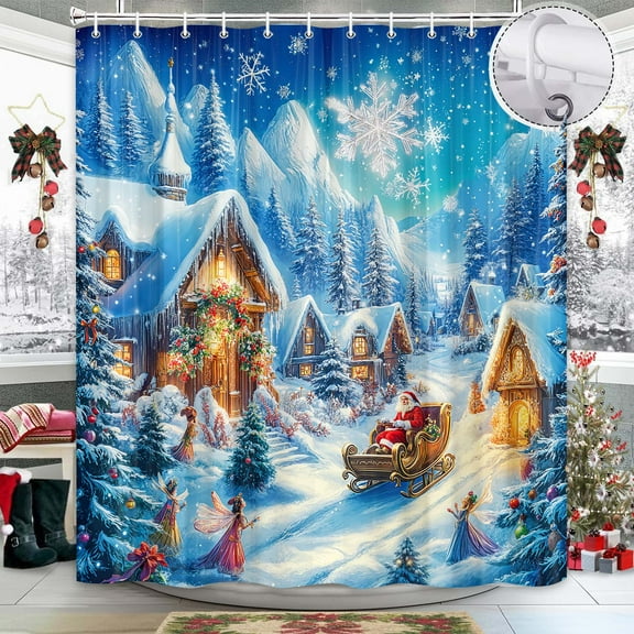 Winter Christmas Wonderland Shower Curtain, Xmas Santa Fairy North Pole Village Snowflake Mountain Blue Shower Curtains, Holiday Fabric Bathroom Decorations Set for Kids Girls with Hooks, 69X70IN