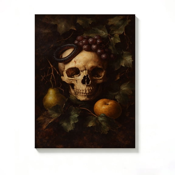 FLASHLUMI 8x12 Inch Vanitas Still Life with Skull, Snake & Fruit Oil Painting Canvas Wall Art, Dark Gothic Decor for Living Room Bedroom, No Frame