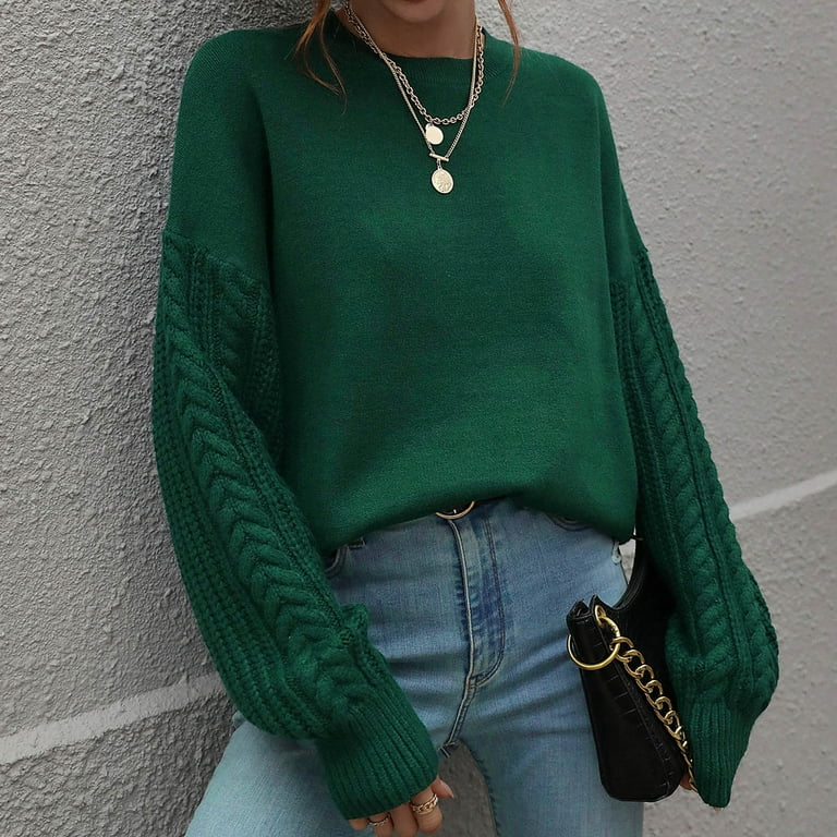 ZQGJB Women Casual Solid Knitting Thick Needle Twisted Rope Patchwork Long  Sleeve Round Neck Sweaters Loose Fit Trendy Pullover Blouse Army Green M