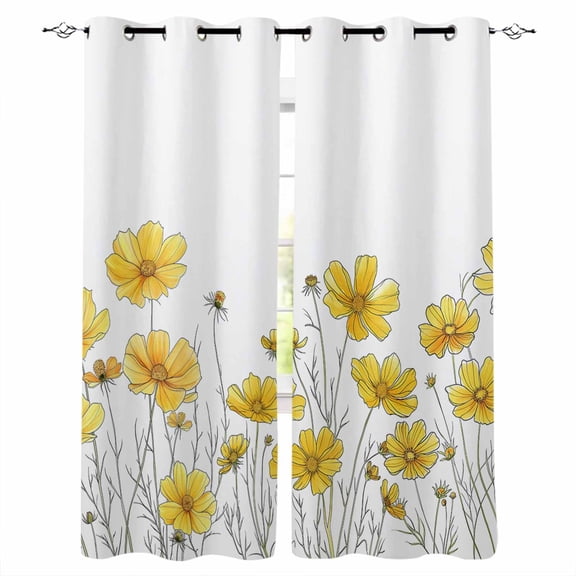 Yellow Spring Floral Blackout Curtains for Bedroom/Living Room, Thermal Insulated Kitchen Curtains, Summer Botanical Watercolor Daisy Grommet Darkening Window Treatment Drapes 52"x63"x2