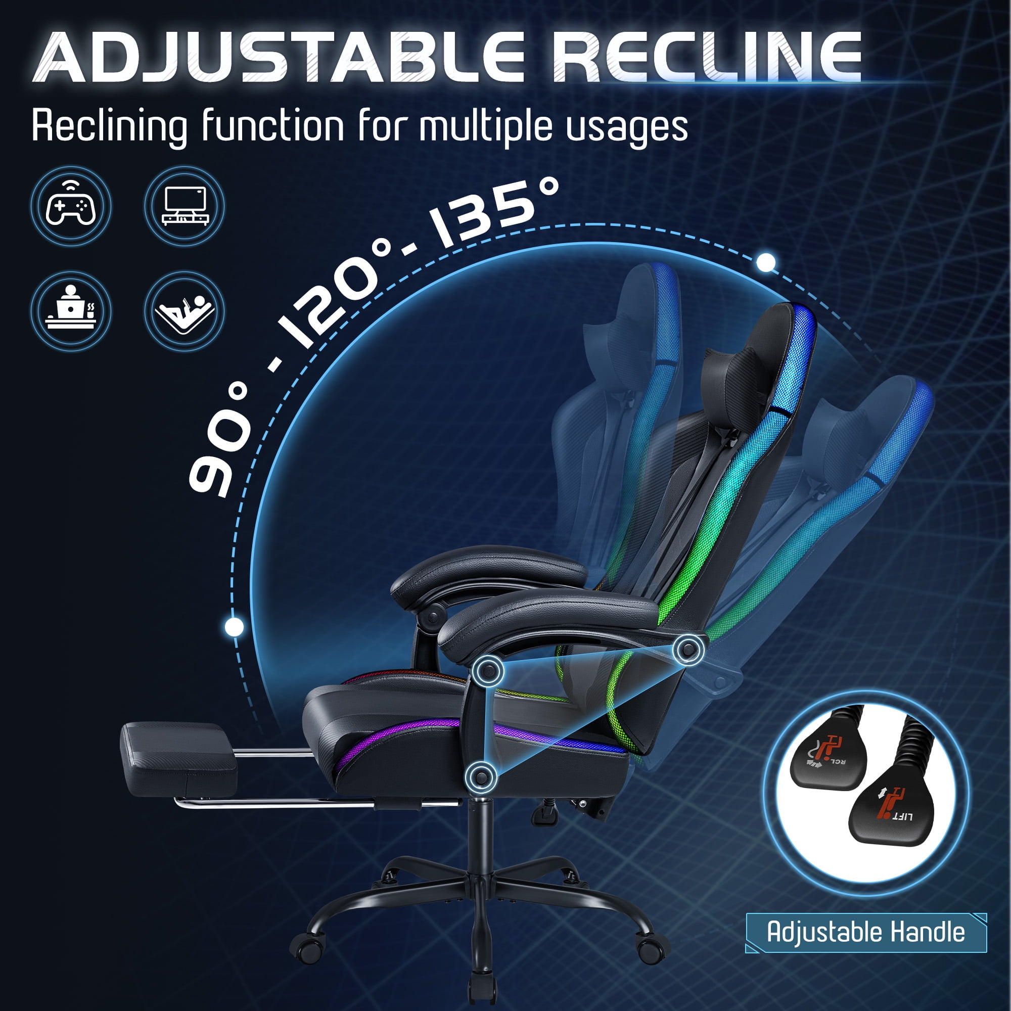 Homall RGB Gaming Chair with APP & Remote Control, LED Lights Ergonomic Computer Chair with Footrest & Massage Lumbar Support, Black