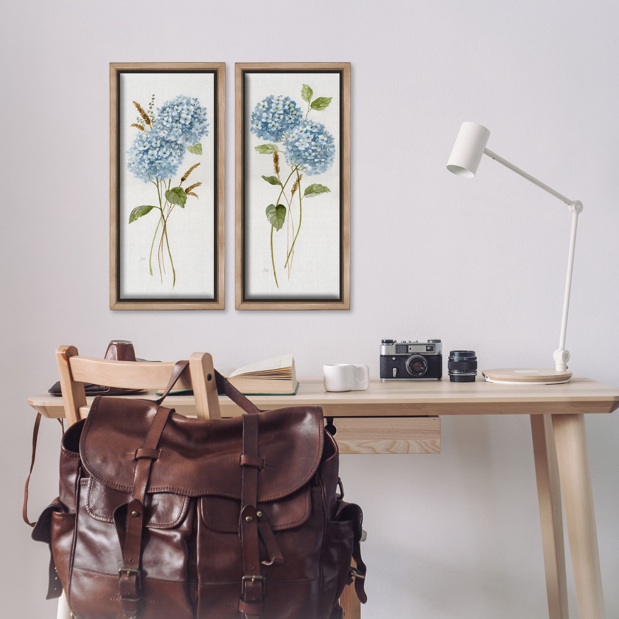Stupell Industries Blue Hydrangea Long Stems Botanical & Floral Painting Brown Floater Framed Canvas Art Print Wall Art, 11 x 25, Set of 2