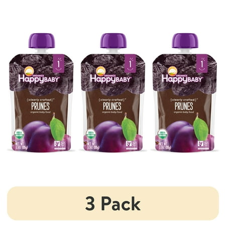 (3 pack) Happy Baby Clearly Crafted, Stage 1 Organic Baby Food Pouch, Prunes, 3.5 oz.